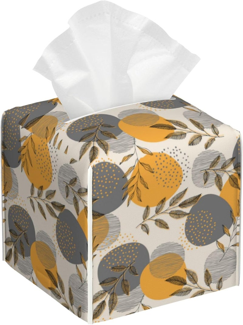 sndheke Boho Abstract Leaves Tissue Box Cover Square,Linear Boho Leaves and Geometric Tissue Box Holder Waterproof Leather Facial Paper Organizer Dispenser for Bathroom Home Car Nightstand Vanity Desk - Image 1